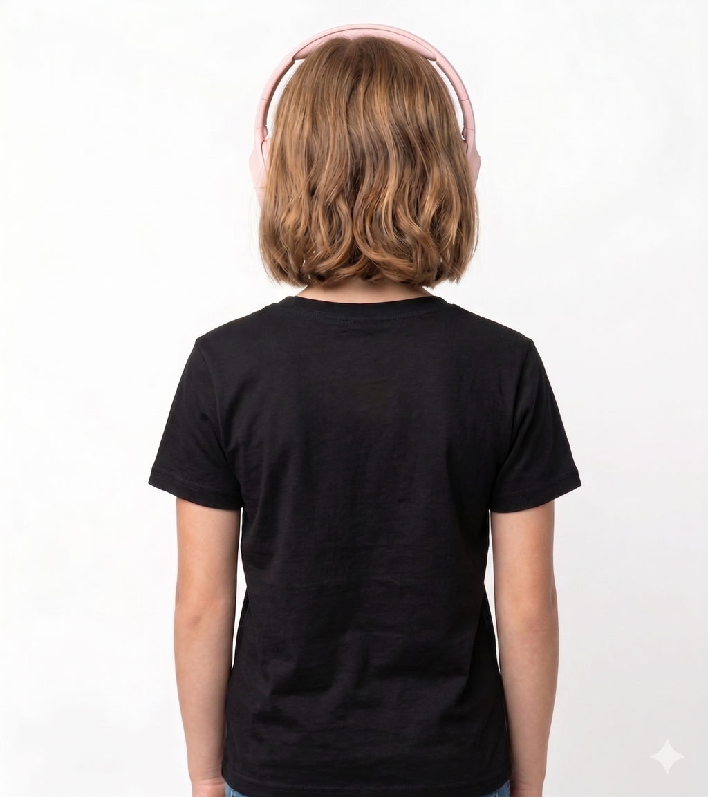Meow Music Kids Graphic Printed T-Shirt for Girls – Cute Cat Headphones Black Tee