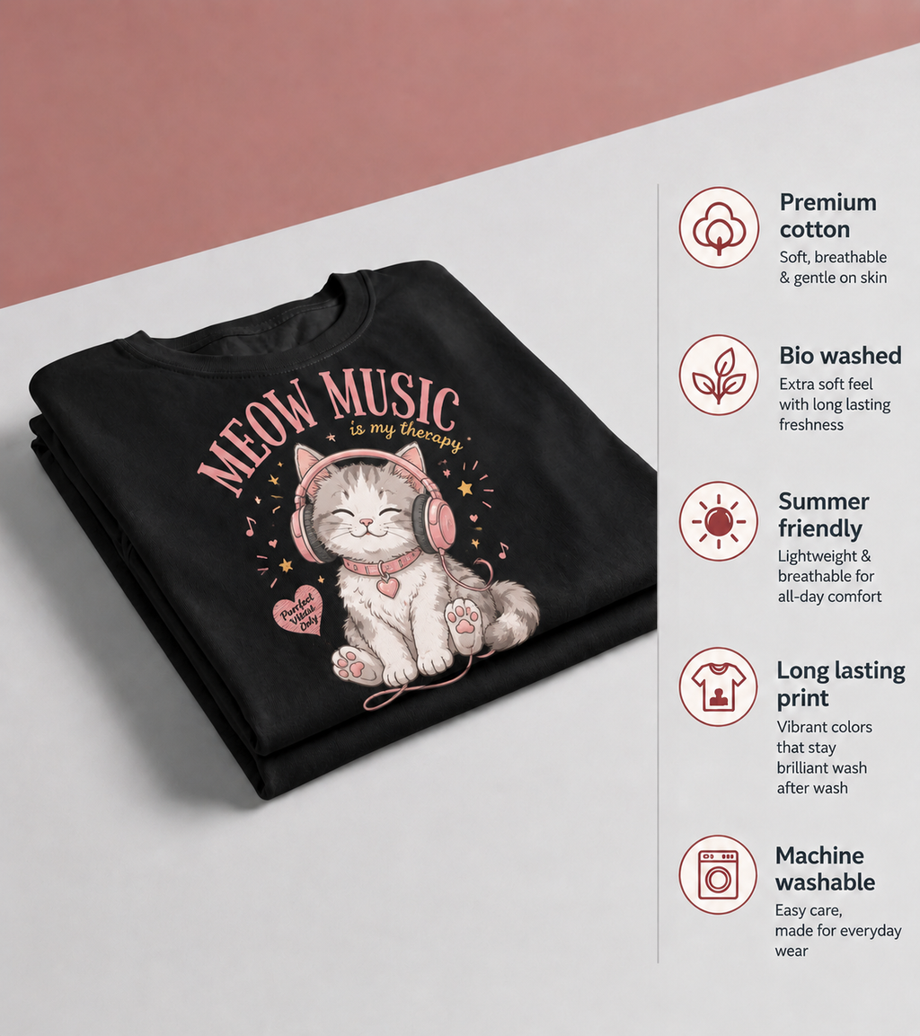 Meow Music Kids Graphic Printed T-Shirt for Girls – Cute Cat Headphones Black Tee