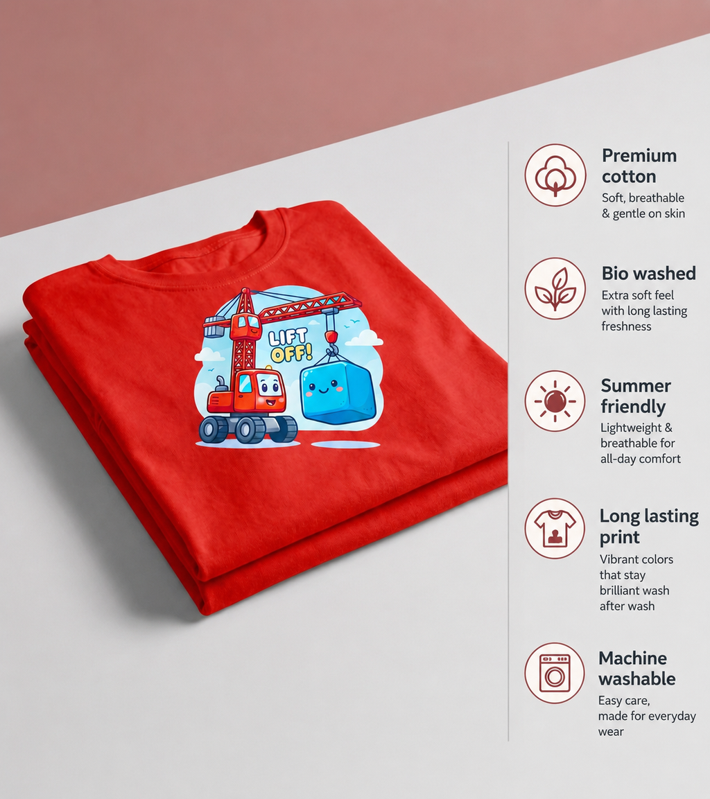 Lift Off Cartoon Crane Kids T-Shirt – Premium Bio Washed Cotton Blend Tee