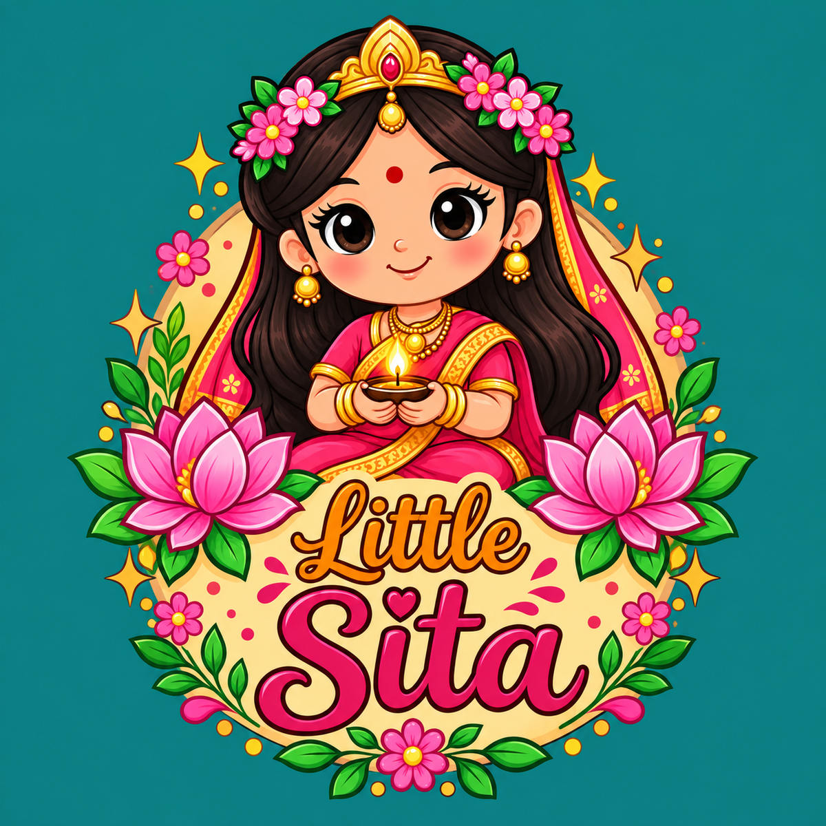 Little Sita Kids Girls Printed White T-Shirt | Cute Ethnic Cartoon Graphic Tee for Girls | Soft Cotton Blend Half Sleeve Casual Wear