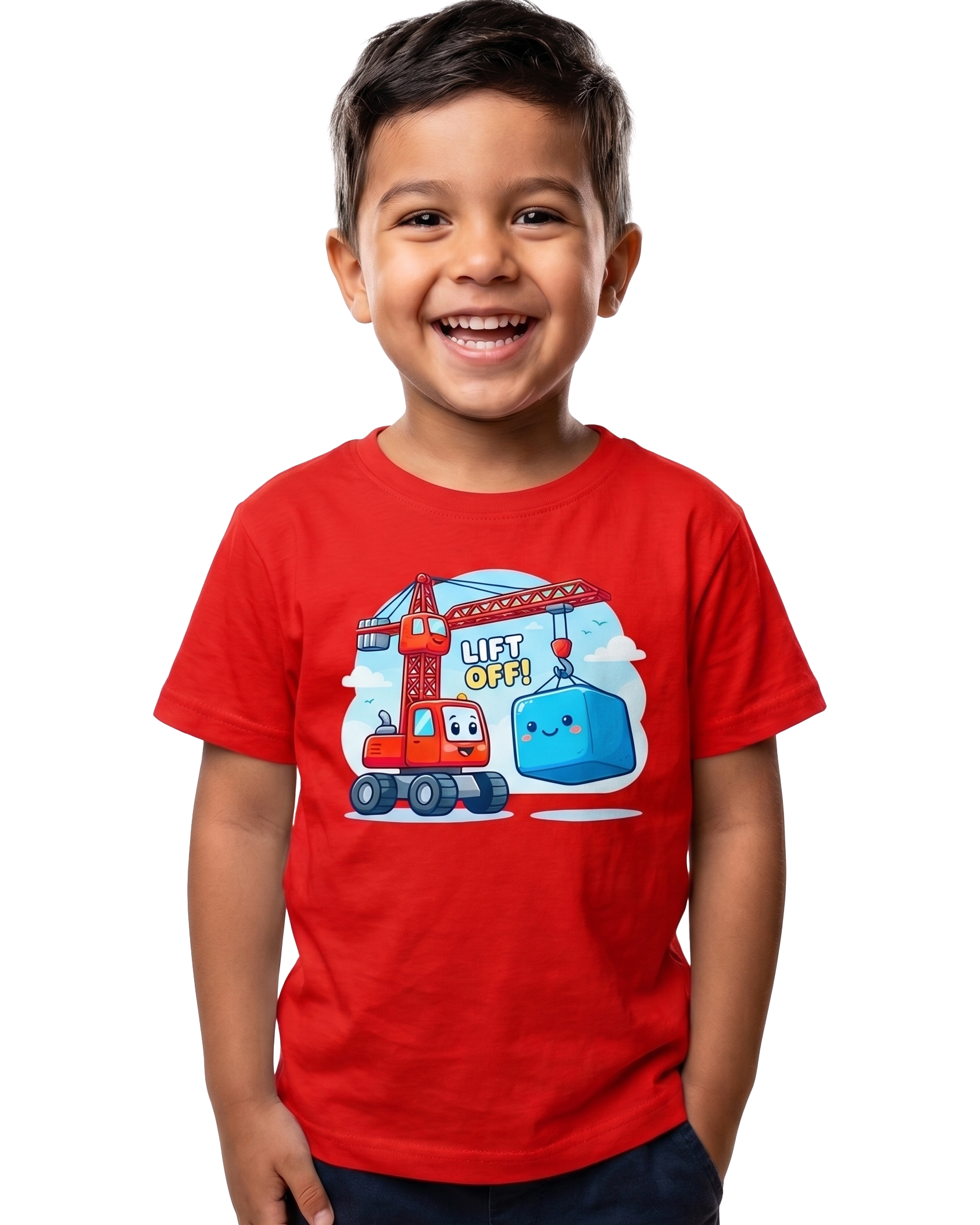 Lift Off Cartoon Crane Kids T-Shirt – Premium Bio Washed Cotton Blend Tee