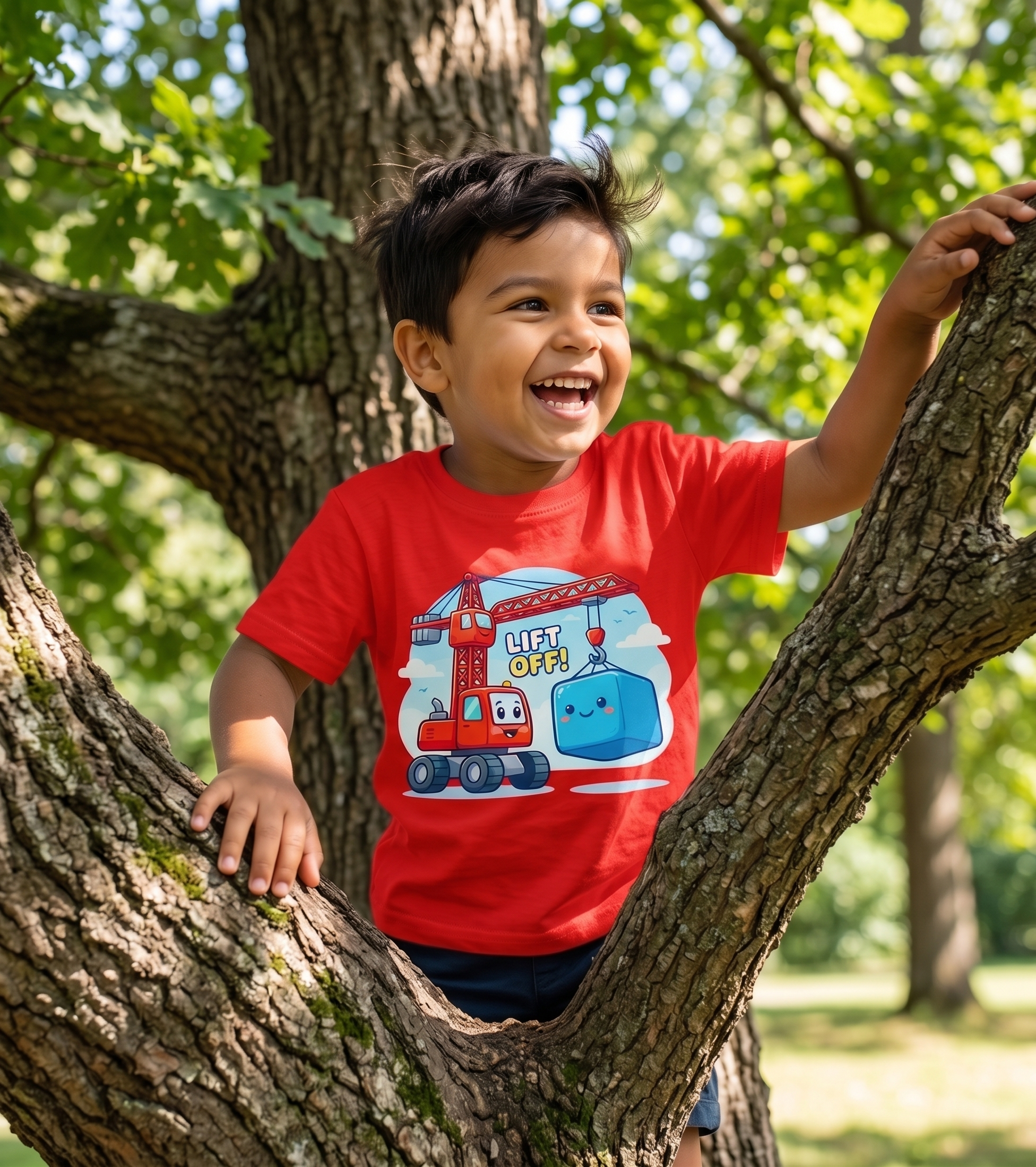 Lift Off Cartoon Crane Kids T-Shirt – Premium Bio Washed Cotton Blend Tee