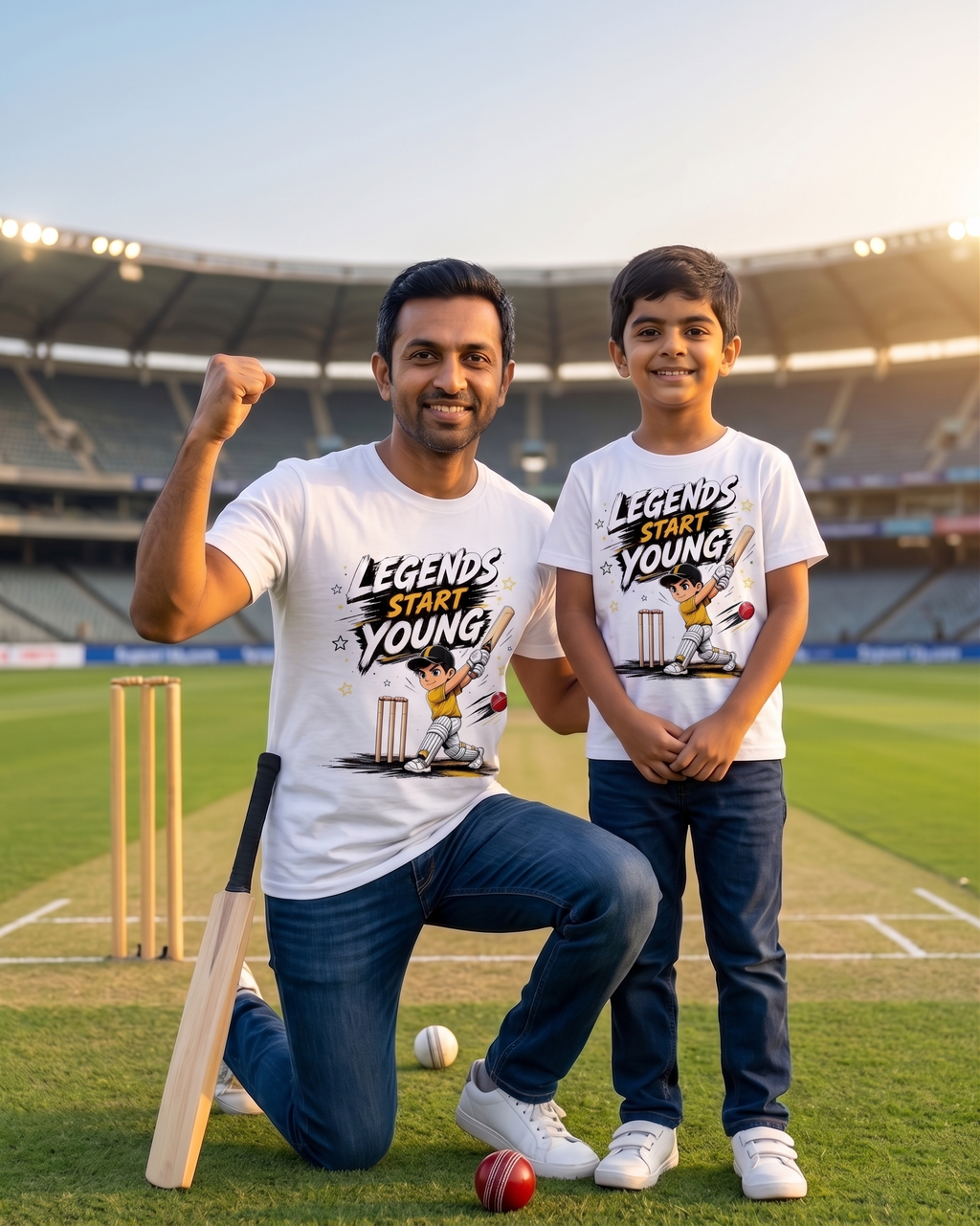 Father & Son Cricket T-Shirt Combo – Cricket Never Retires & Legends Start Young