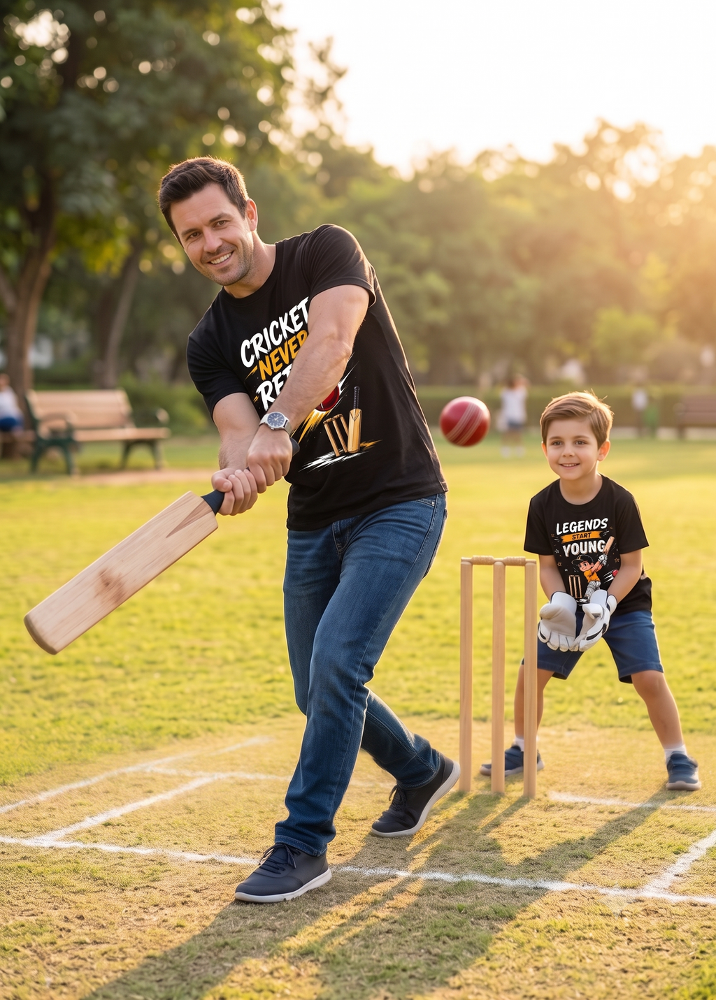 Father & Son Cricket T-Shirt Combo – Cricket Never Retires & Legends Start Young