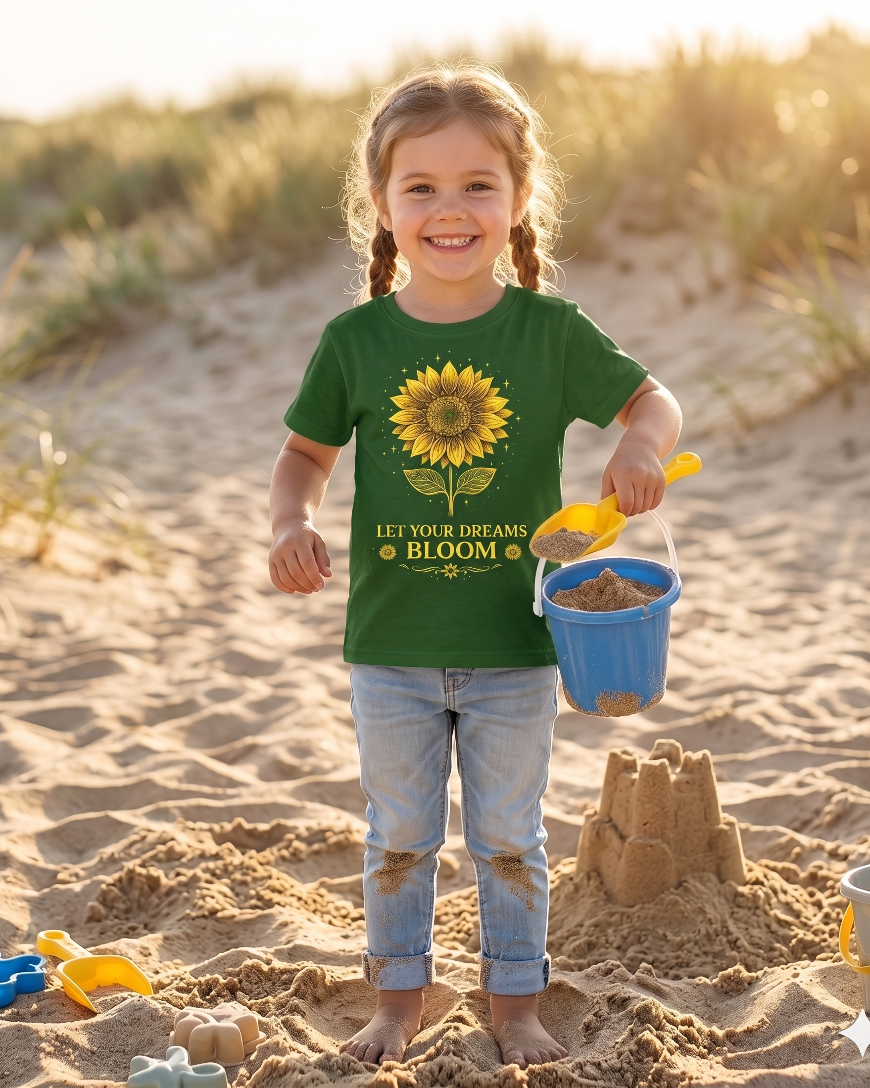 Let Your Dreams Bloom Sunflower Graphic T-Shirt for Girls | Dark Green Cotton Tee