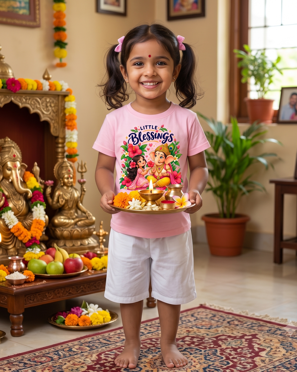 Little Blessings Girls T-Shirt – Cute Ganesha & Little Girl Floral Print | Pink