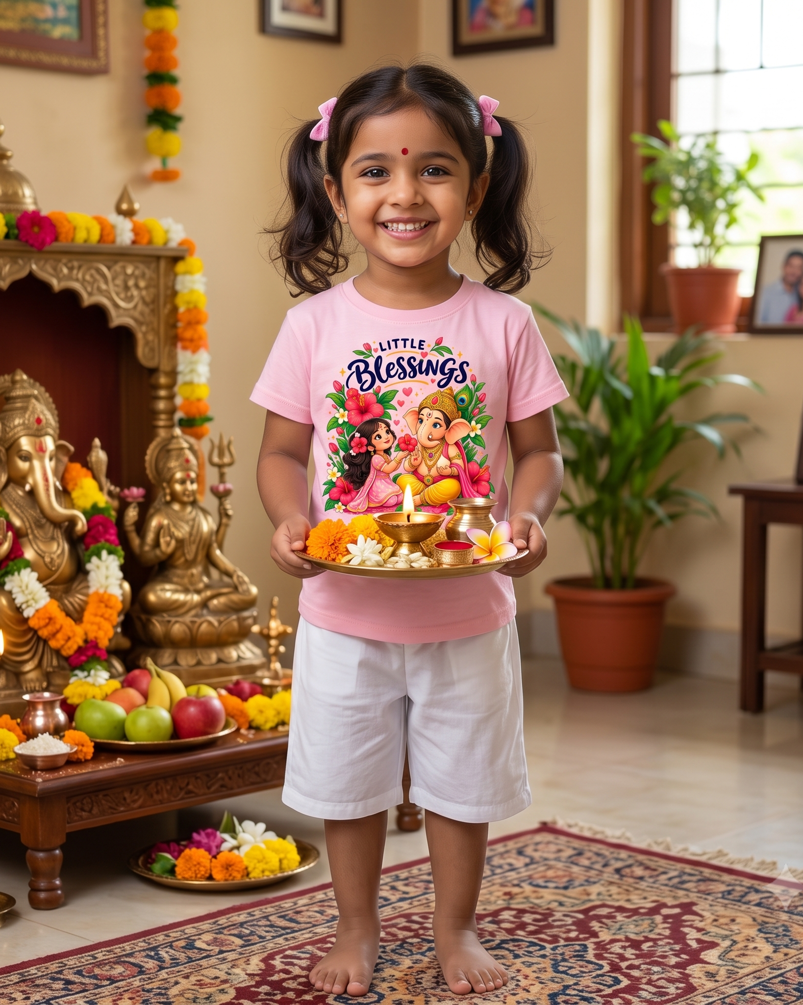Little Blessings Girls T-Shirt – Cute Ganesha & Little Girl Floral Print | Pink