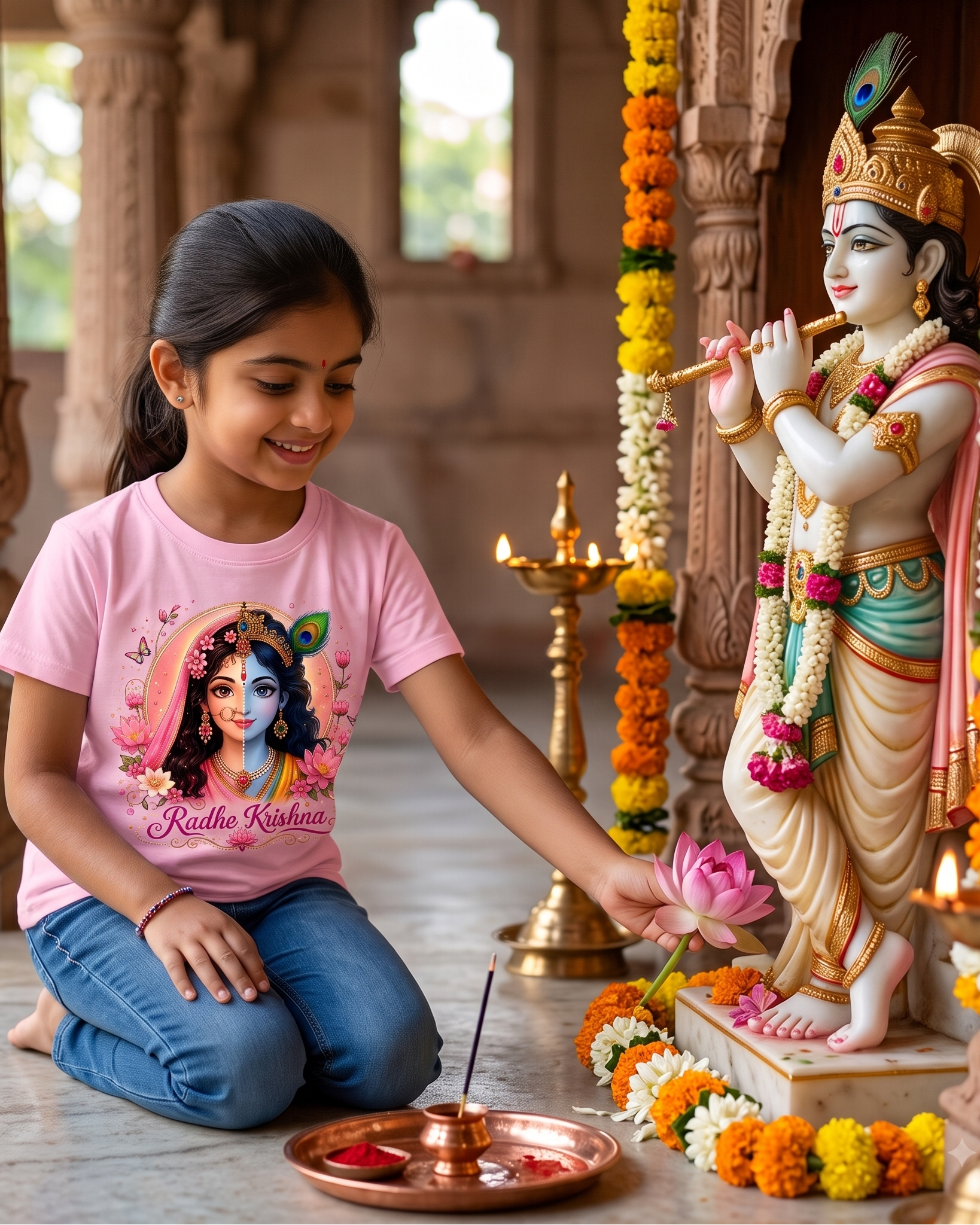 Radha Krishna Girls T-Shirt | Pink Printed T-Shirt for Kids | Janmashtami & Festive Wear