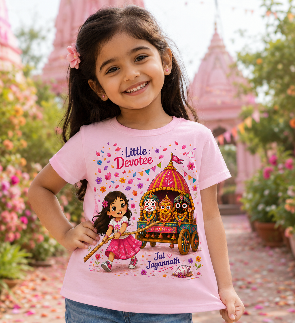 Little Devotee Jai Jagannath Girls T-Shirt | Premium Cotton Round Neck | Soft Printed Tee for Kids (3–15 Years) | Pink