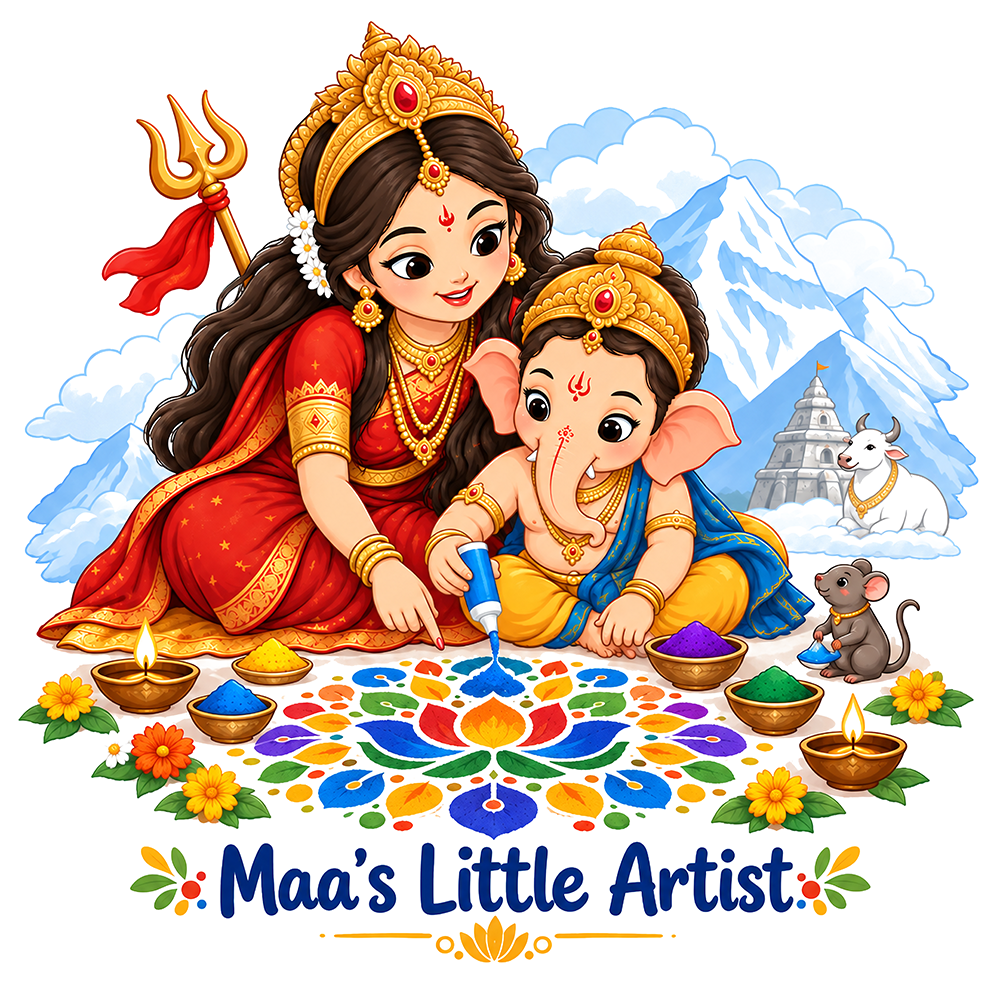 Maa's Little Artist Kids White T-Shirt | Maa Durga & Lord Ganesha Rangoli Design | Yellow Roses