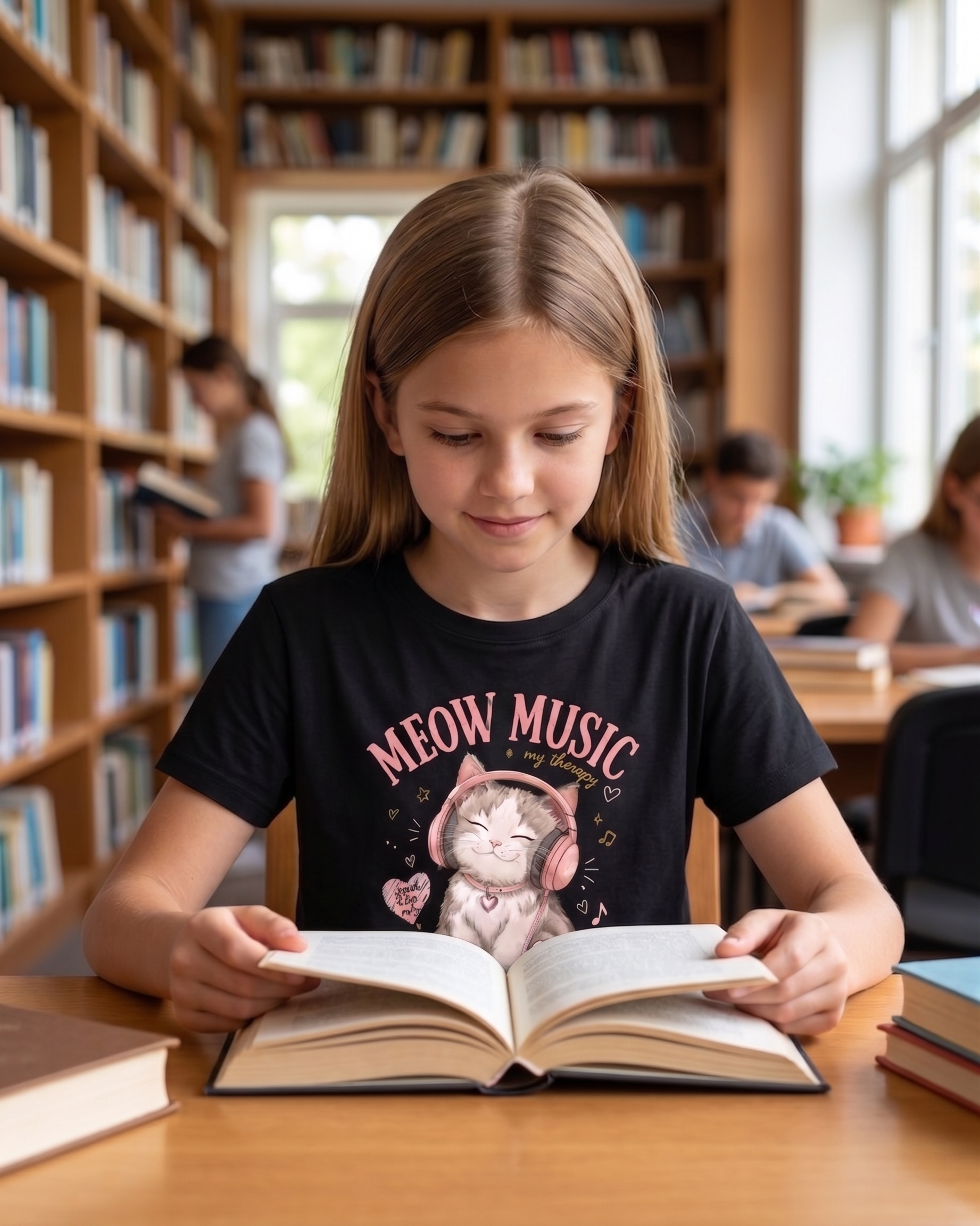 Meow Music Kids Graphic Printed T-Shirt for Girls – Cute Cat Headphones Black Tee