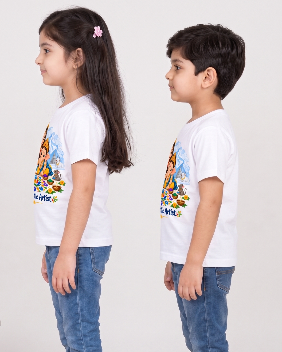 Maa's Little Artist Kids White T-Shirt | Maa Durga & Lord Ganesha Rangoli Design | Yellow Roses