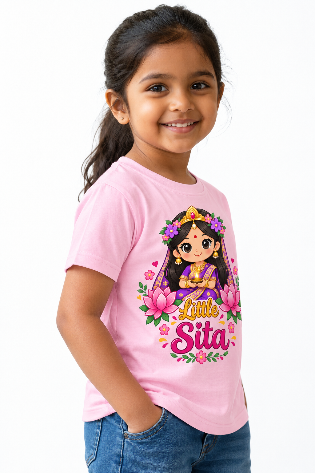 Little Sita Kids Girls Printed White T-Shirt | Cute Ethnic Cartoon Graphic Tee for Girls | Soft Cotton Blend Half Sleeve Casual Wear