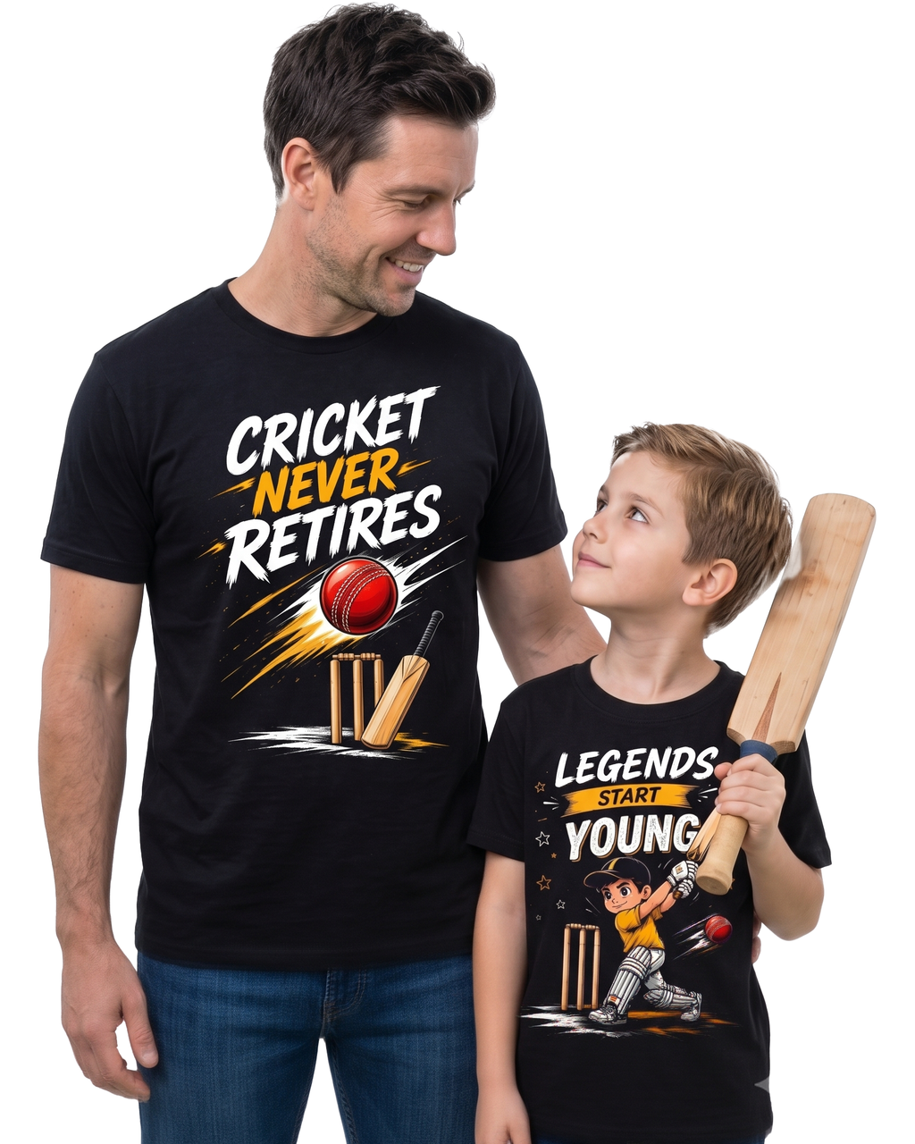 Father & Son Cricket T-Shirt Combo – Cricket Never Retires & Legends Start Young