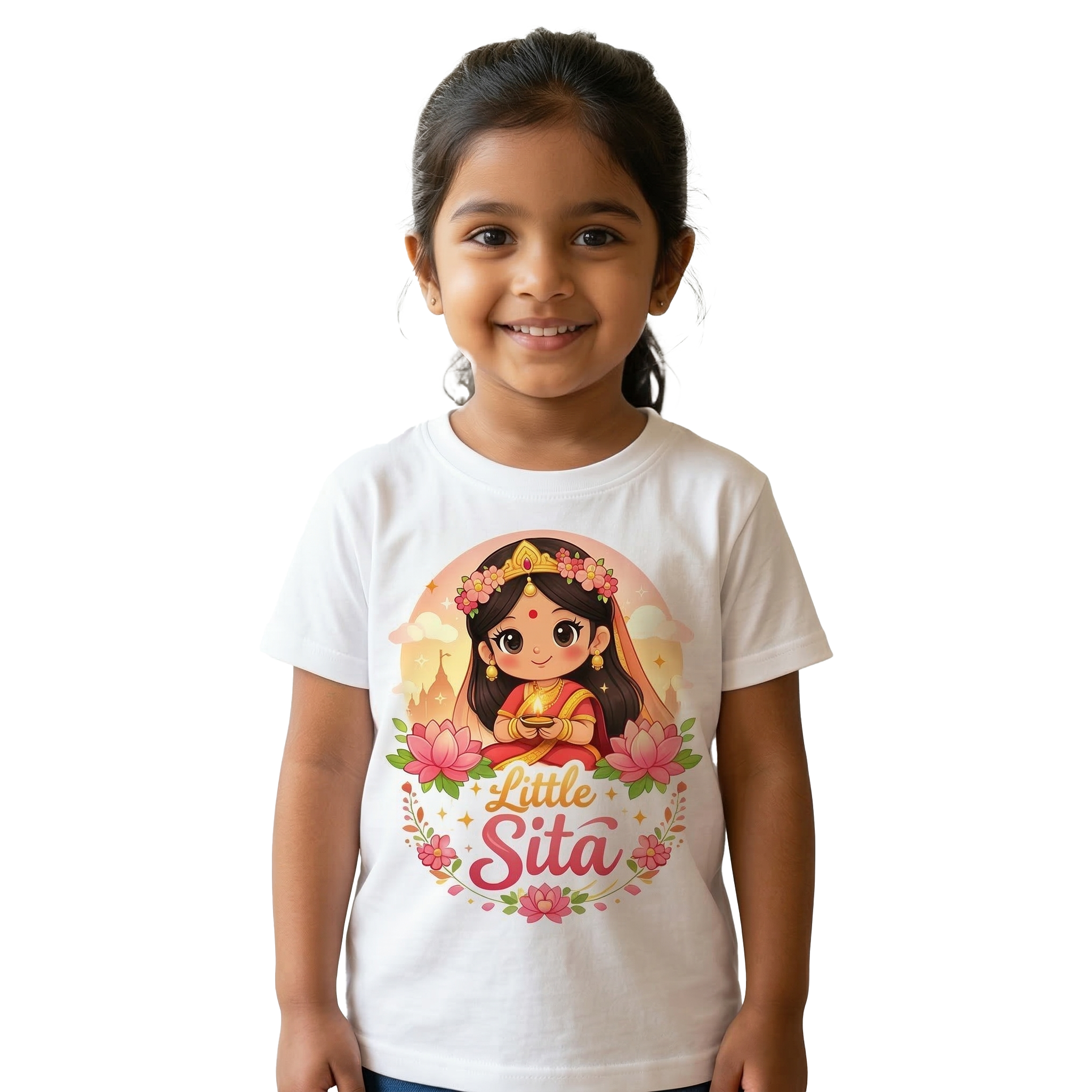 Little Sita Kids Girls Printed White T-Shirt | Cute Ethnic Cartoon Graphic Tee for Girls | Soft Cotton Blend Half Sleeve Casual Wear
