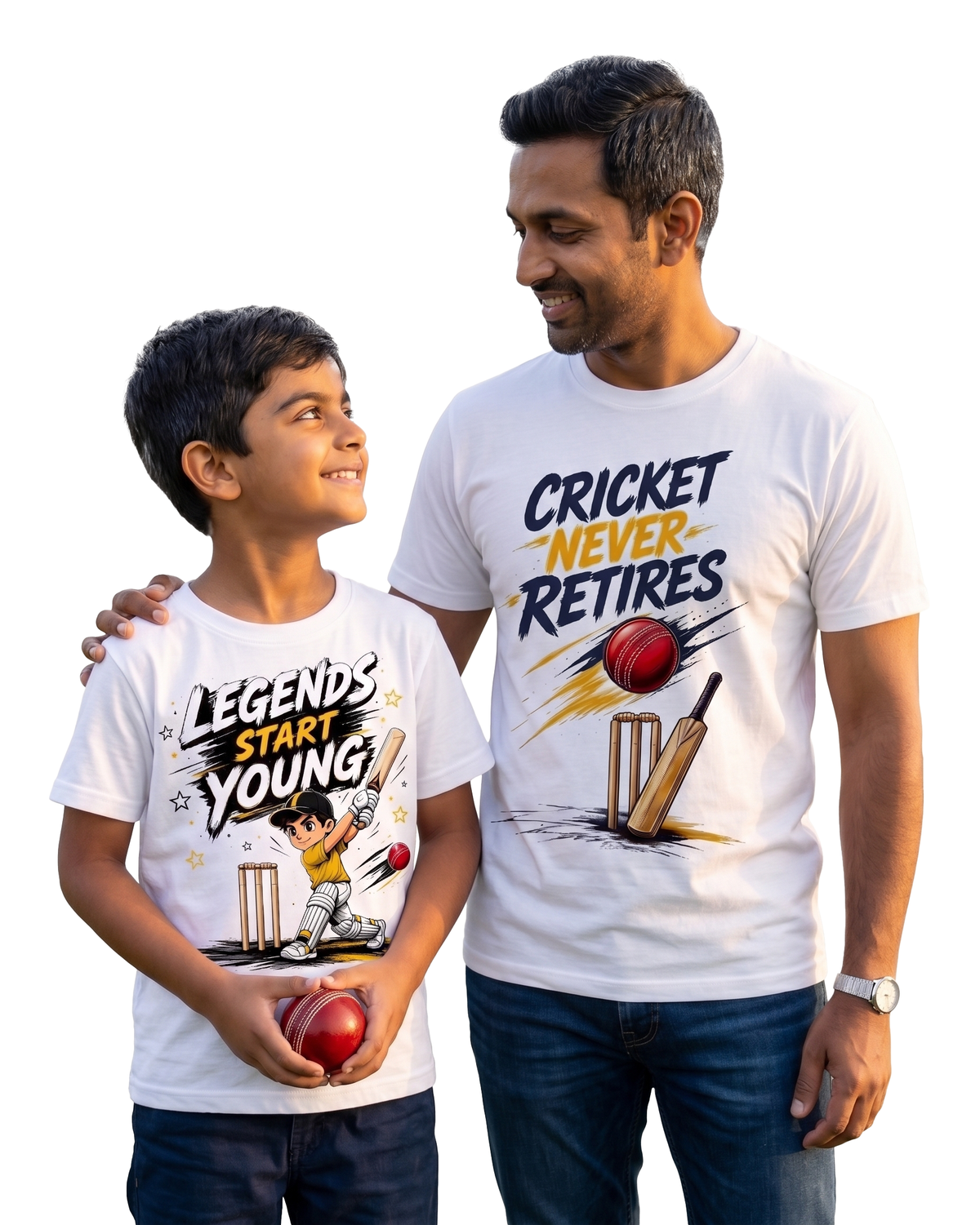 Father & Son Cricket T-Shirt Combo – Cricket Never Retires & Legends Start Young