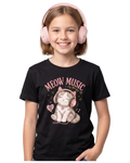 Meow Music Kids Graphic Printed T-Shirt for Girls – Cute Cat Headphones Black Tee