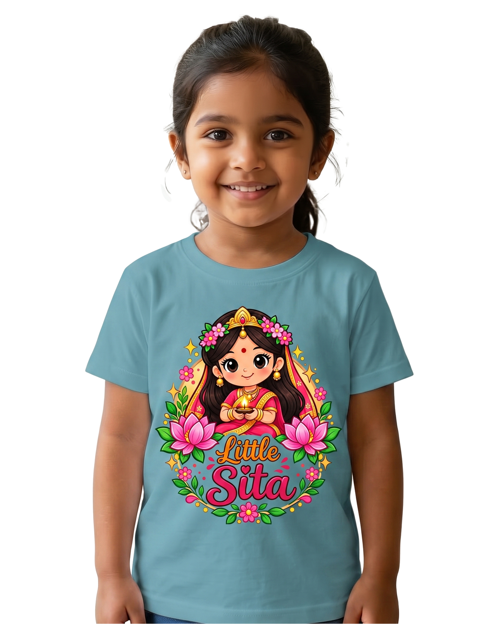 Little Sita Kids Girls Printed White T-Shirt | Cute Ethnic Cartoon Graphic Tee for Girls | Soft Cotton Blend Half Sleeve Casual Wear