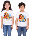 Maa's Little Artist Kids White T-Shirt | Maa Durga & Lord Ganesha Rangoli Design | Yellow Roses