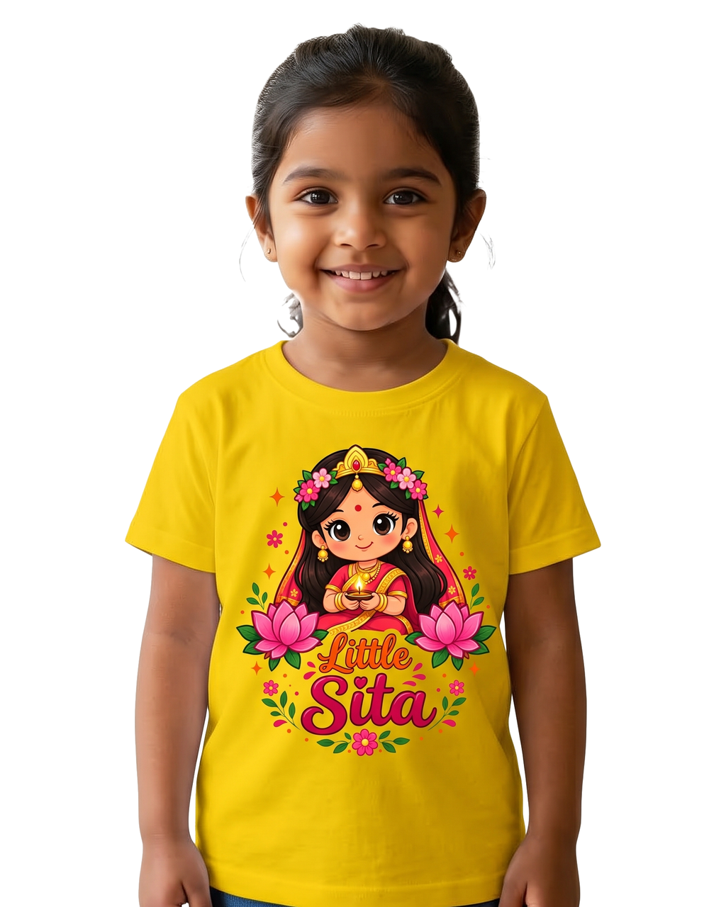 Little Sita Kids Girls Printed White T-Shirt | Cute Ethnic Cartoon Graphic Tee for Girls | Soft Cotton Blend Half Sleeve Casual Wear