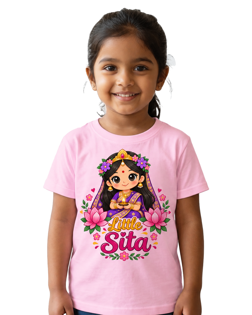 Little Sita Kids Girls Printed White T-Shirt | Cute Ethnic Cartoon Graphic Tee for Girls | Soft Cotton Blend Half Sleeve Casual Wear