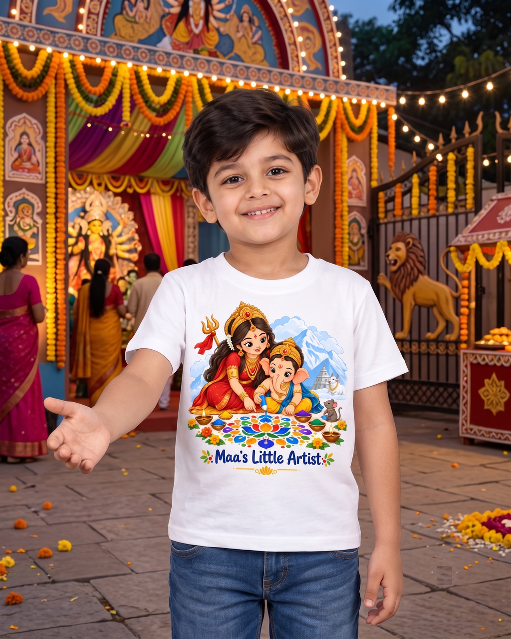 Maa's Little Artist Kids White T-Shirt | Maa Durga & Lord Ganesha Rangoli Design | Yellow Roses