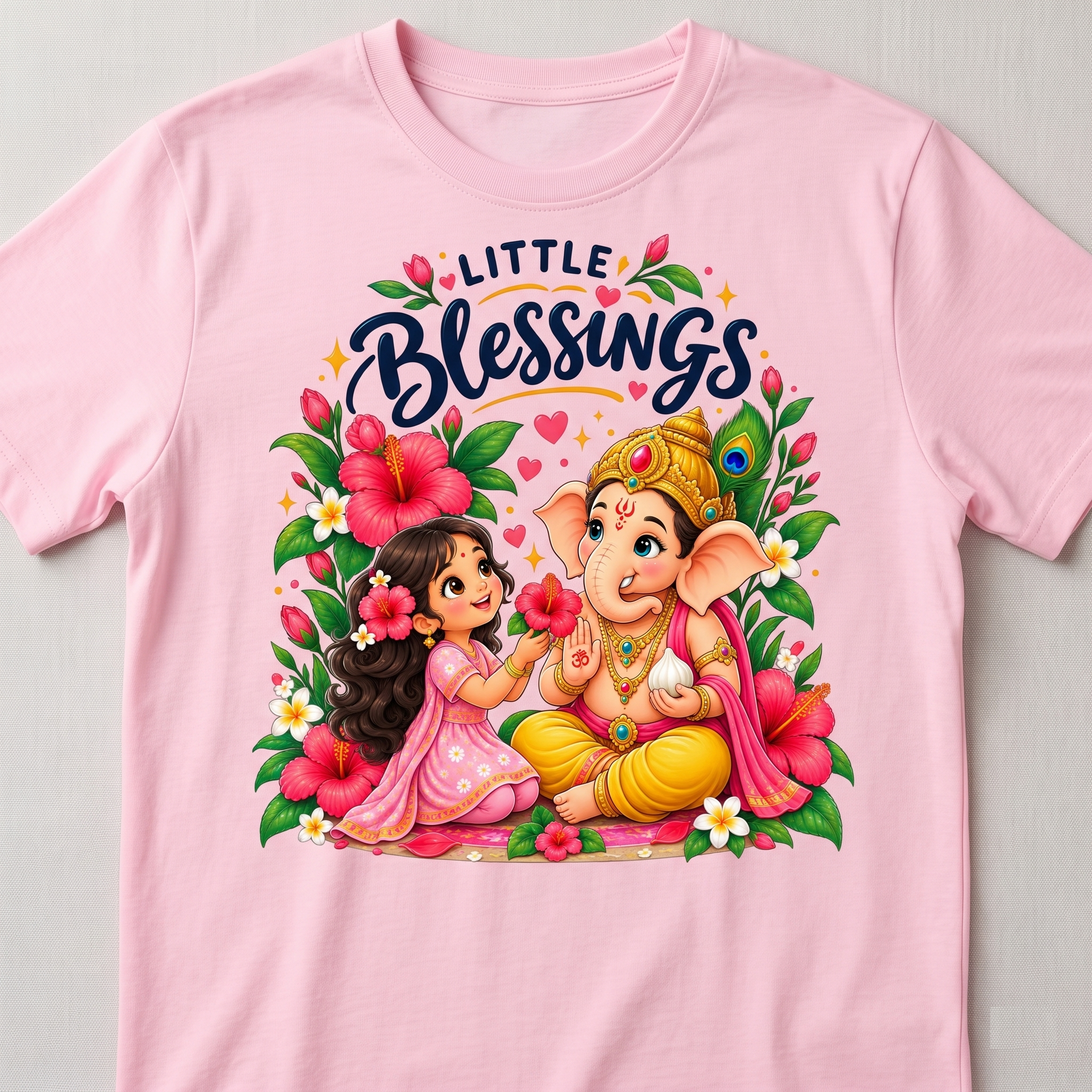 Little Blessings Girls T-Shirt – Cute Ganesha & Little Girl Floral Print | Pink