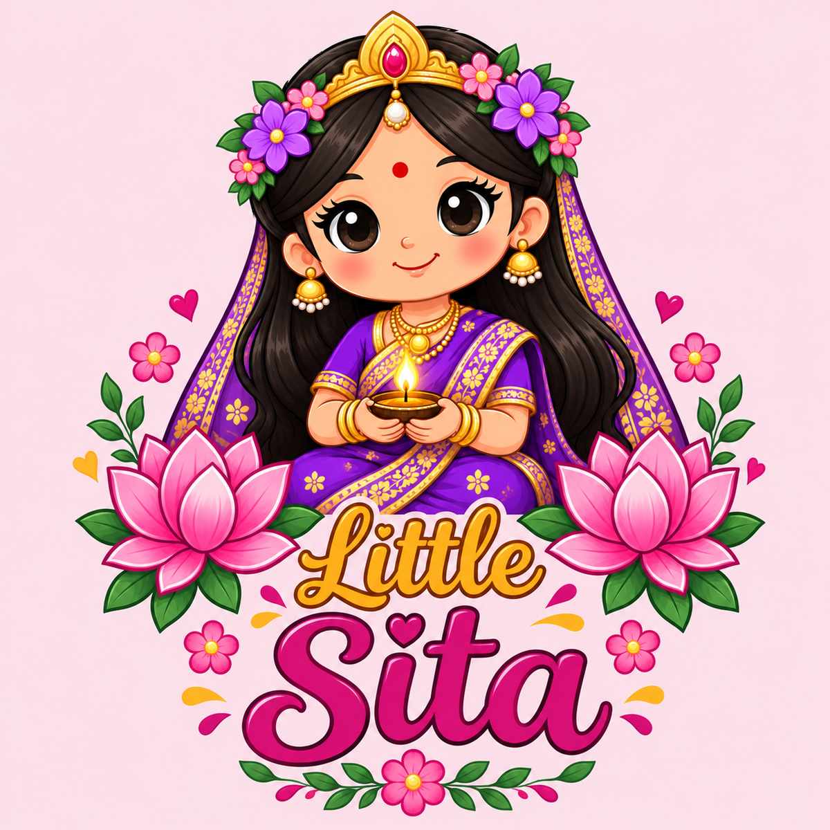 Little Sita Kids Girls Printed White T-Shirt | Cute Ethnic Cartoon Graphic Tee for Girls | Soft Cotton Blend Half Sleeve Casual Wear