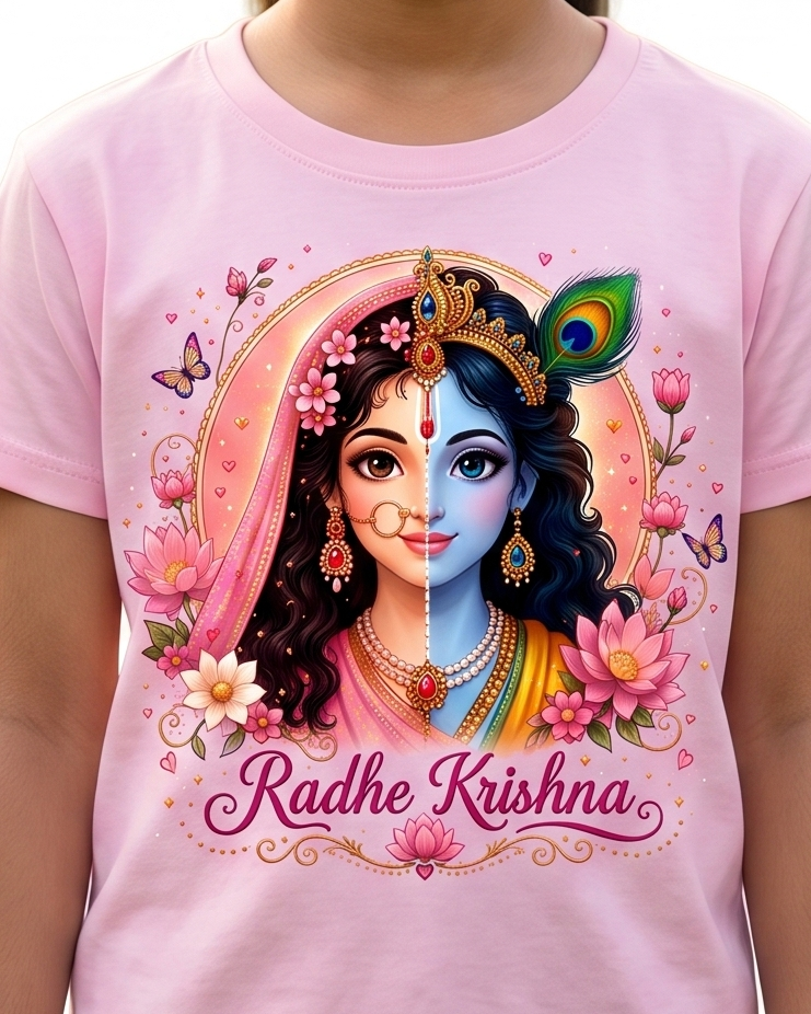 Radha Krishna Girls T-Shirt | Pink Printed T-Shirt for Kids | Janmashtami & Festive Wear