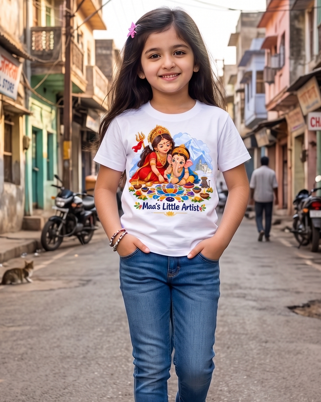 Maa's Little Artist Kids White T-Shirt | Maa Durga & Lord Ganesha Rangoli Design | Yellow Roses
