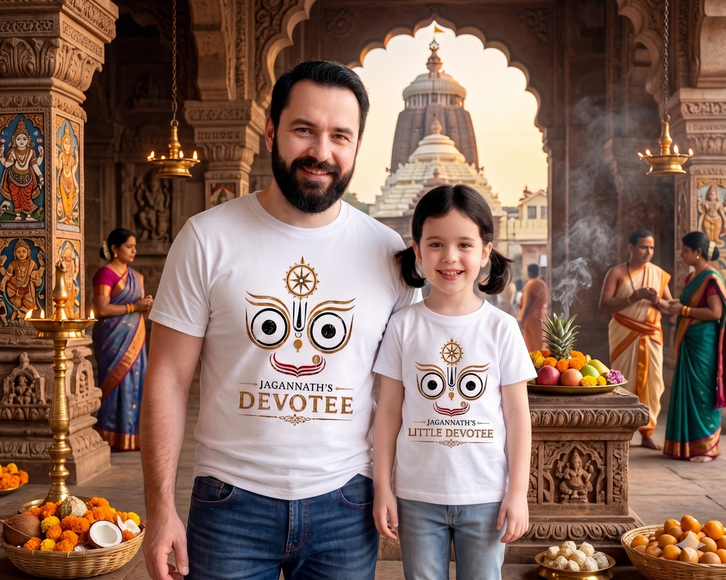 Jagannath's Devotee Matching Father & Daughter T-Shirt Set | Family Devotional Outfit | Soft Cotton Tees