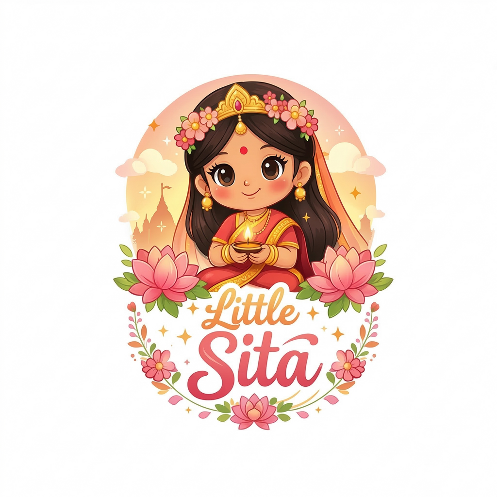 Little Sita Kids Girls Printed White T-Shirt | Cute Ethnic Cartoon Graphic Tee for Girls | Soft Cotton Blend Half Sleeve Casual Wear