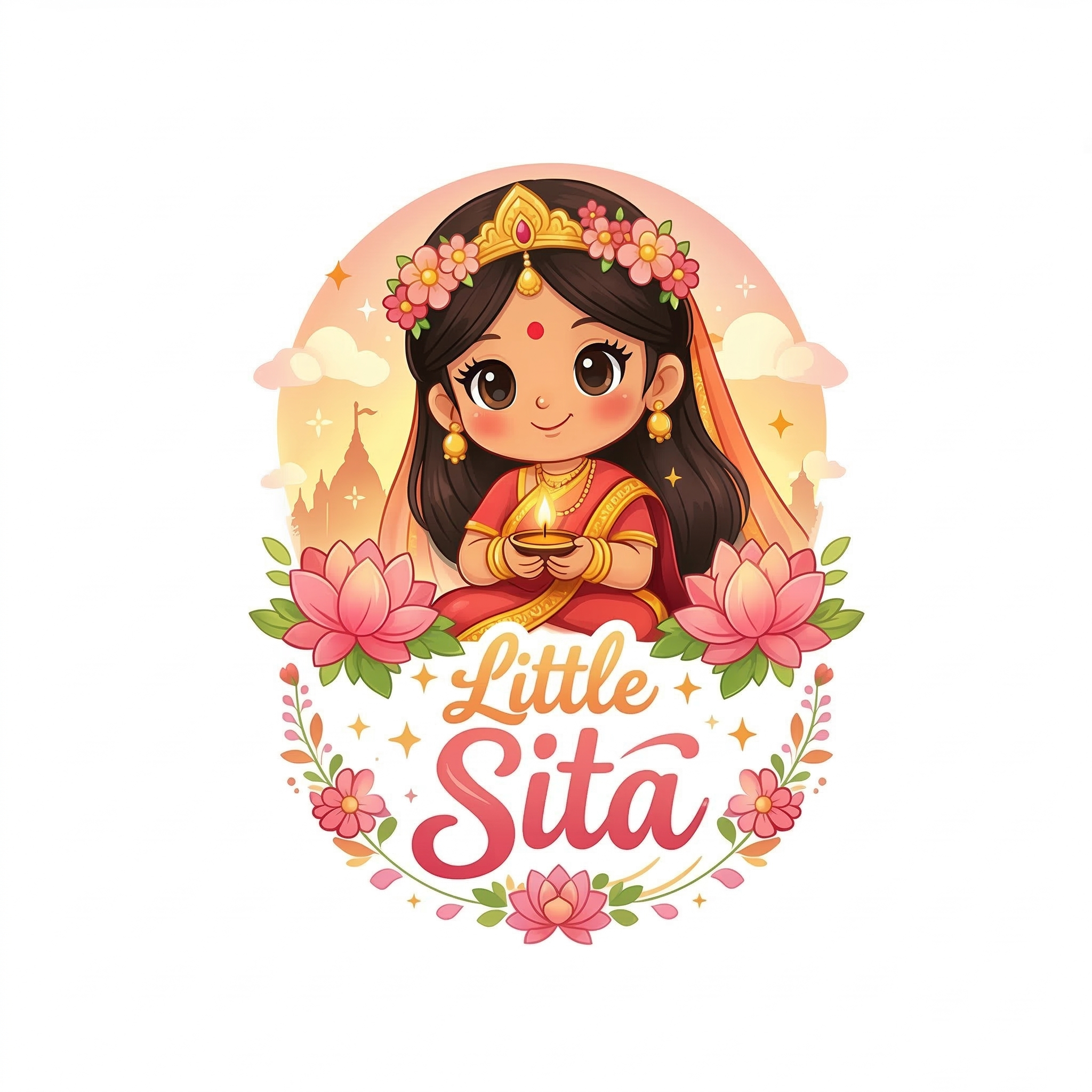 Little Sita Kids Girls Printed White T-Shirt | Cute Ethnic Cartoon Graphic Tee for Girls | Soft Cotton Blend Half Sleeve Casual Wear