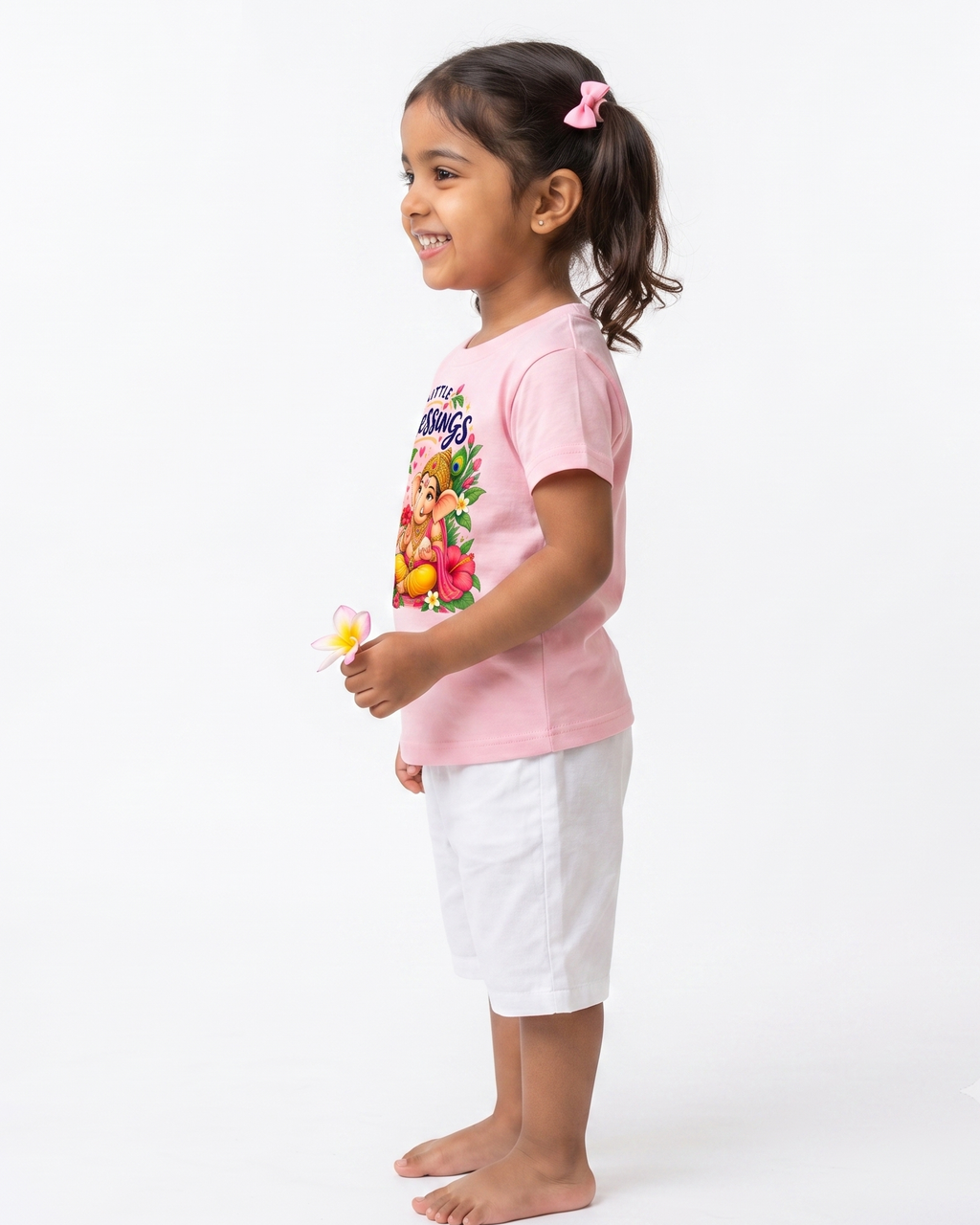 Little Blessings Girls T-Shirt – Cute Ganesha & Little Girl Floral Print | Pink
