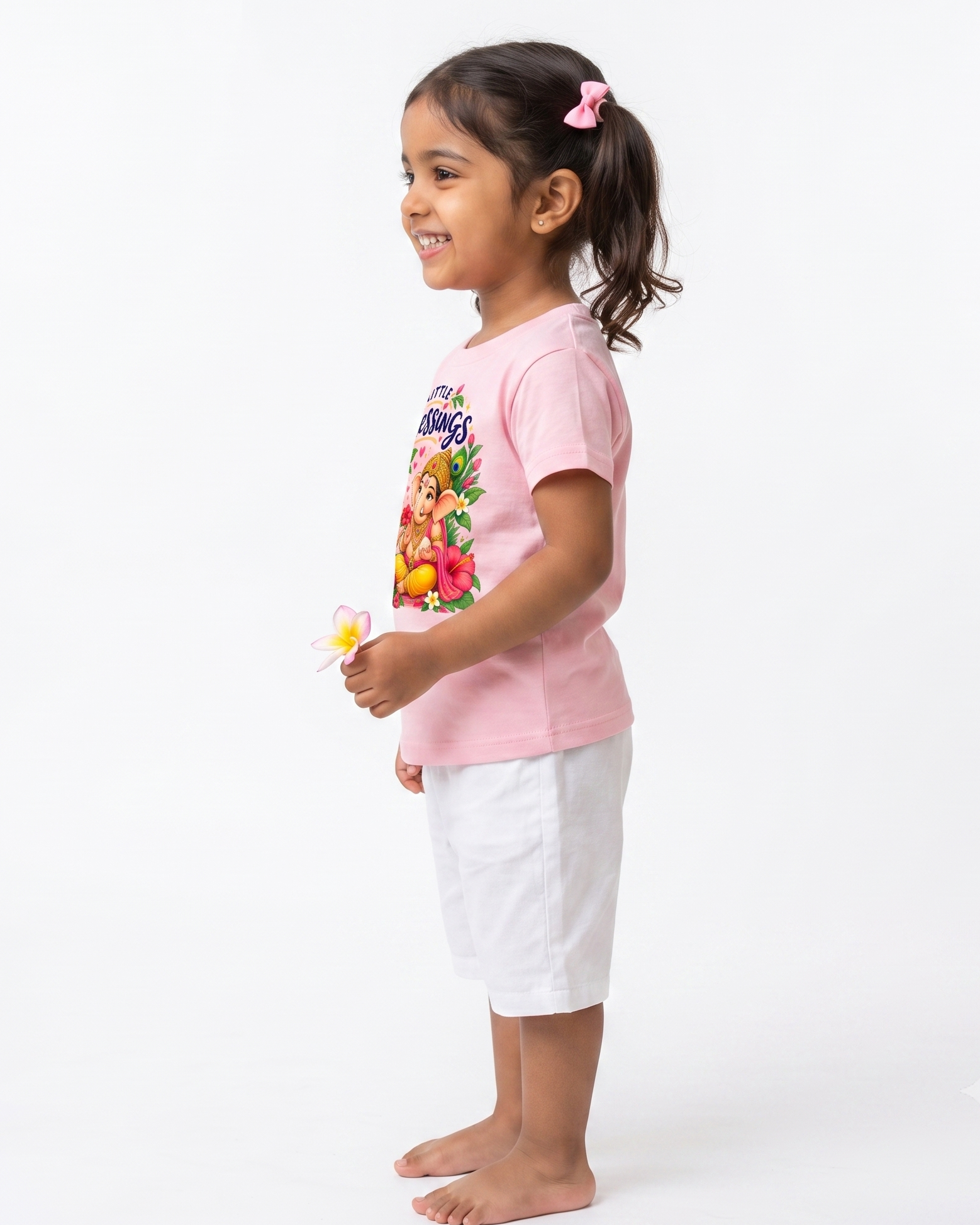 Little Blessings Girls T-Shirt – Cute Ganesha & Little Girl Floral Print | Pink