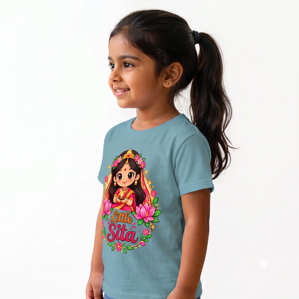 Little Sita Kids Girls Printed White T-Shirt | Cute Ethnic Cartoon Graphic Tee for Girls | Soft Cotton Blend Half Sleeve Casual Wear