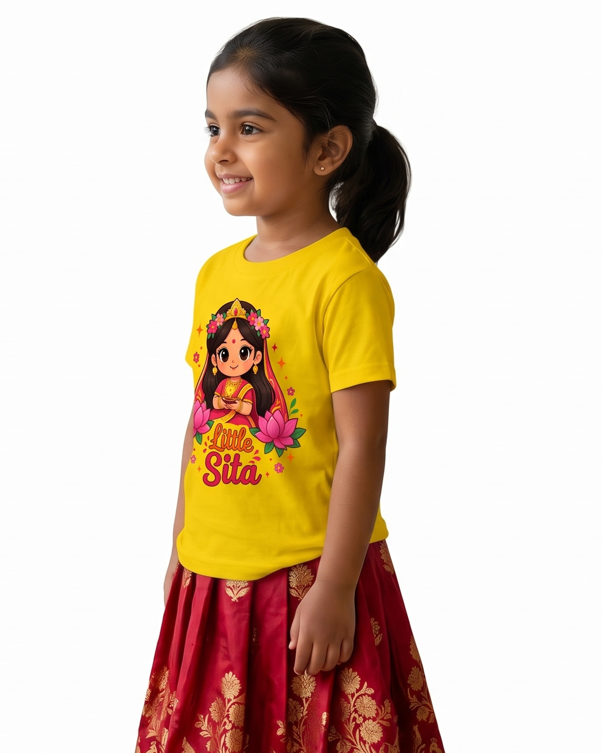 Little Sita Kids Girls Printed White T-Shirt | Cute Ethnic Cartoon Graphic Tee for Girls | Soft Cotton Blend Half Sleeve Casual Wear