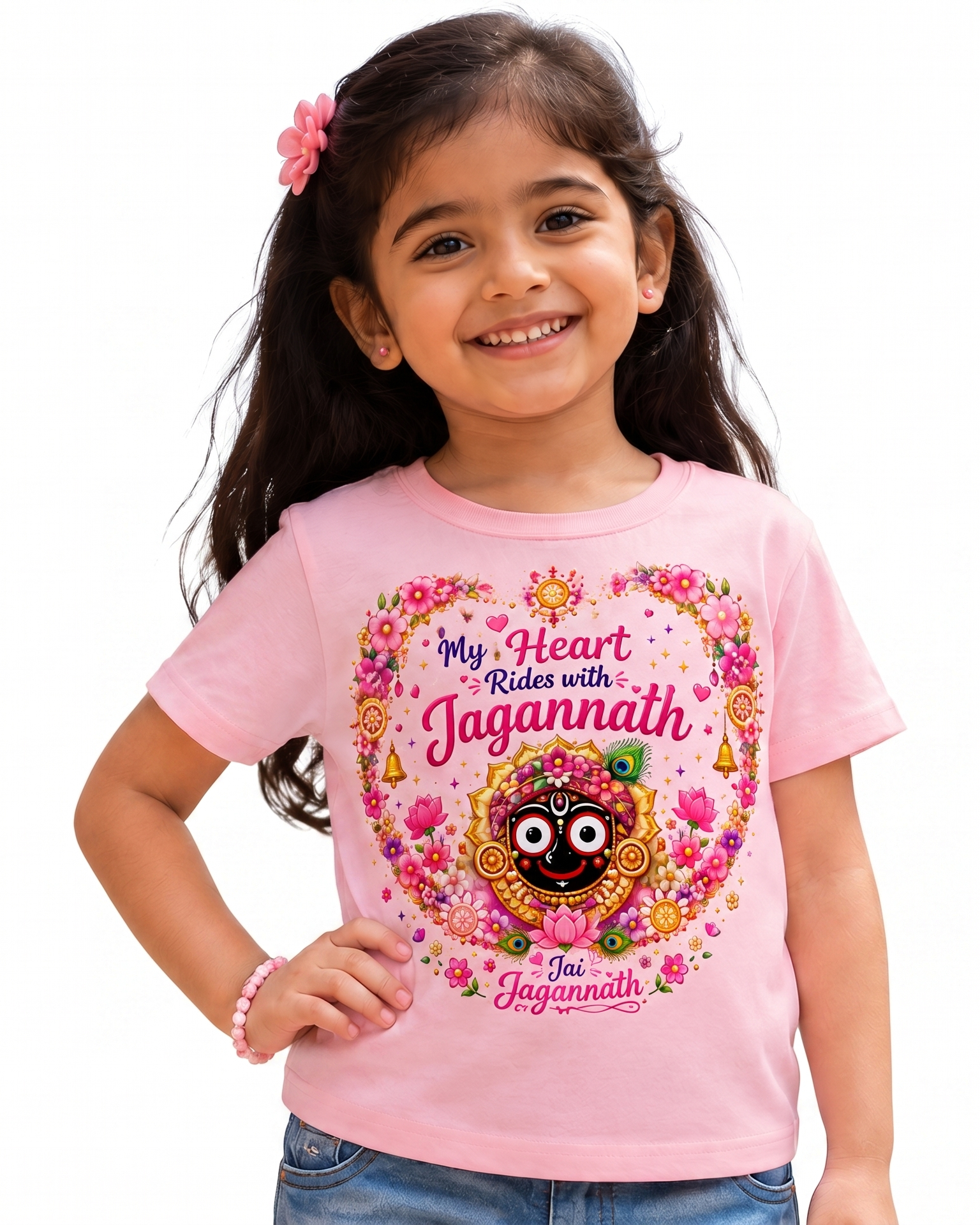 My Heart Rides with Jagannath Kids T-Shirt | Premium Cotton Girls Round Neck Tee | Jai Jagannath | Pink