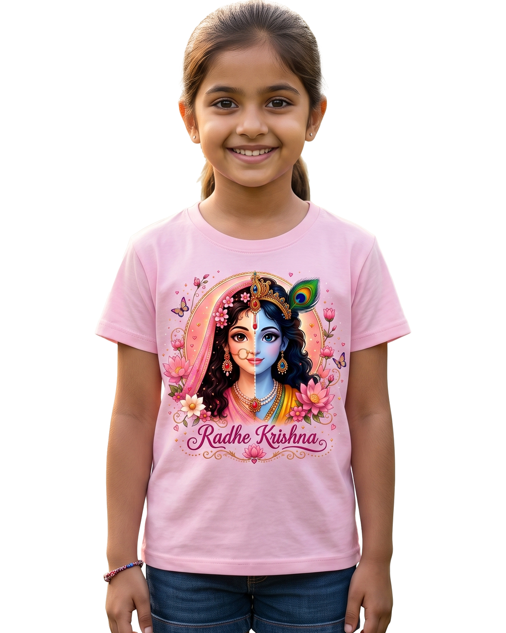 Radha Krishna Girls T-Shirt | Pink Printed T-Shirt for Kids | Janmashtami & Festive Wear