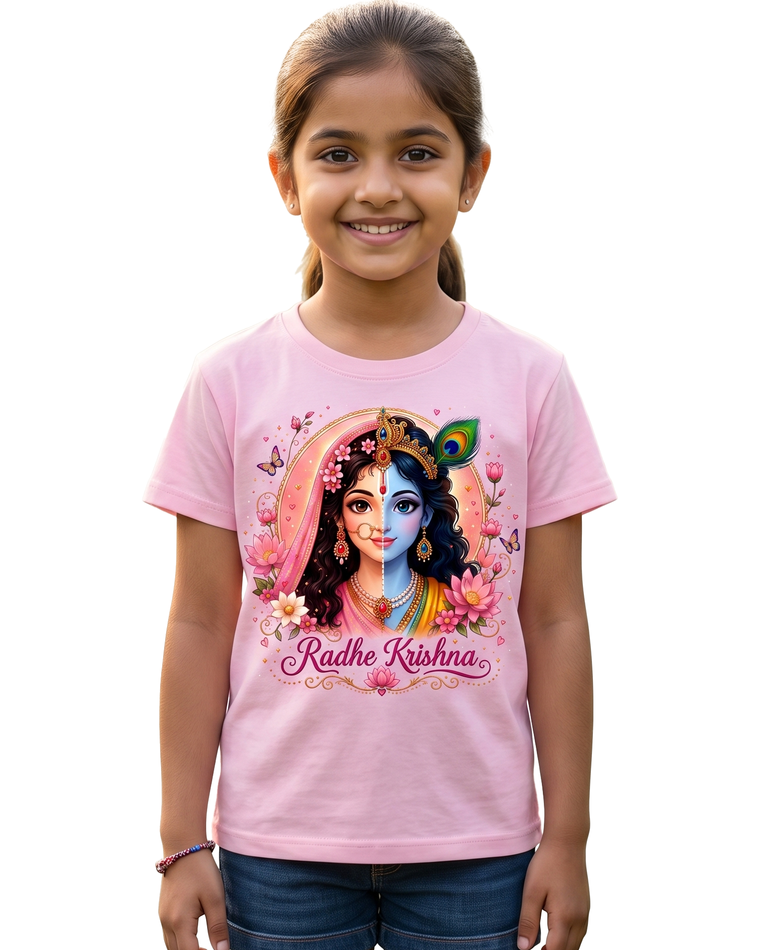 Radha Krishna Girls T-Shirt | Pink Printed T-Shirt for Kids | Janmashtami & Festive Wear