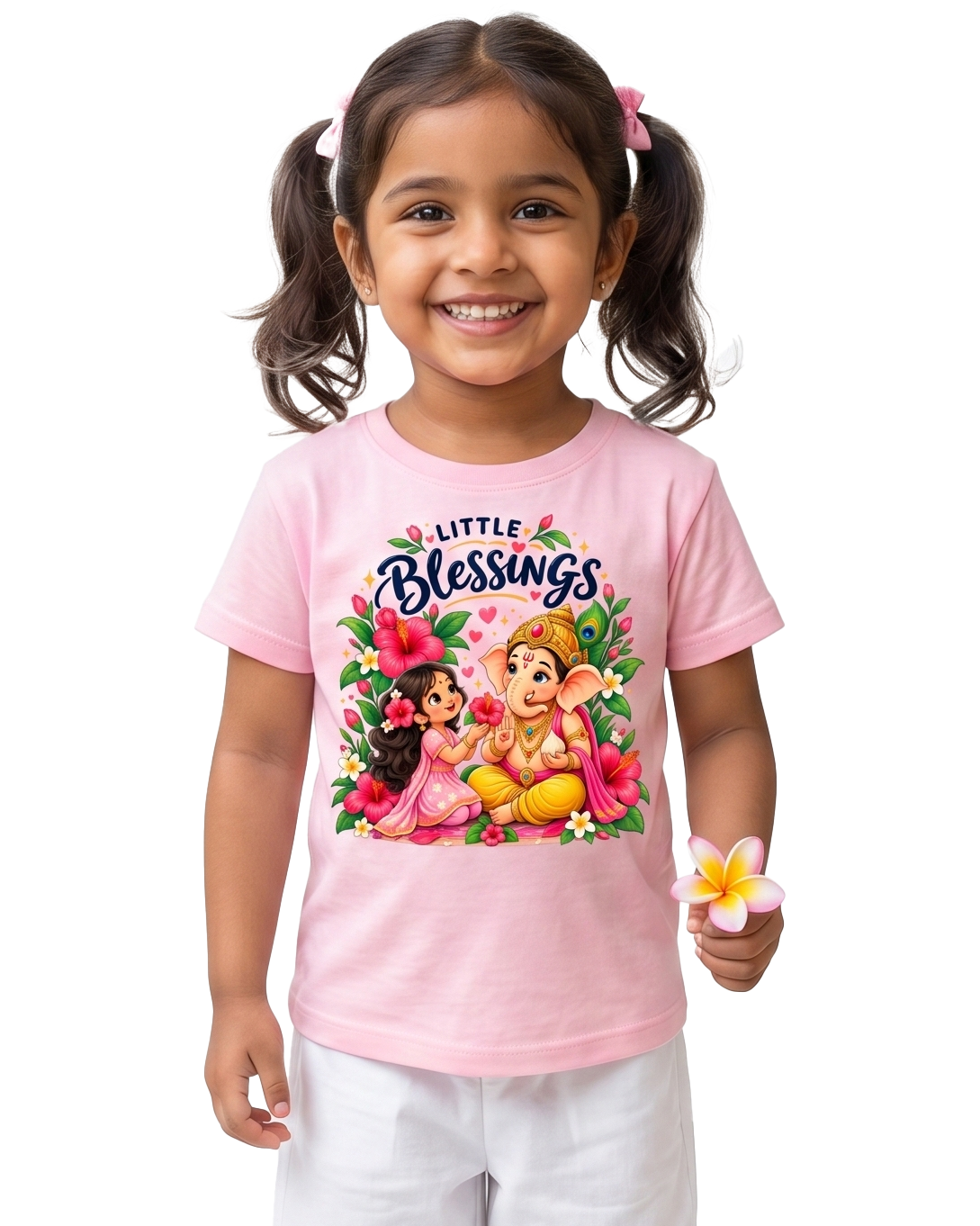 Little Blessings Girls T-Shirt – Cute Ganesha & Little Girl Floral Print | Pink