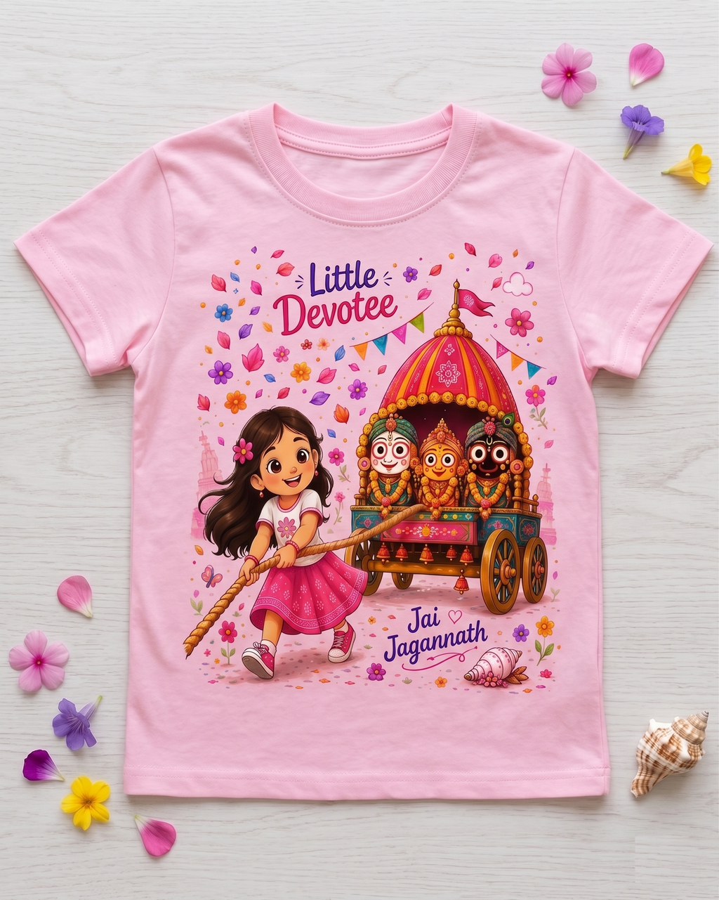 Little Devotee Jai Jagannath Girls T-Shirt | Premium Cotton Round Neck | Soft Printed Tee for Kids (3–15 Years) | Pink